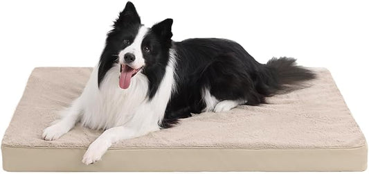 KSIIA Orthopedic Dog Bed Crate Waterproof Pet Mats for Extra Large Dogs Deluxe Plush Washable Pet Bed with Egg Crate Foam & Removable Cover, 47 x 29 Inch, Khaki