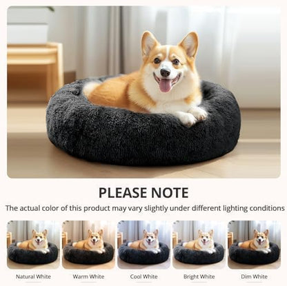 JOLLYVOGUE Calming Dog Beds Large Sized Dog, 36in Donut Washable Large Pet Bed, Anti-Slip & Anti-Anxiety Fluffy Faux Fur Round Dogs Bed, Fits up to 80 lbs Pets (Black)