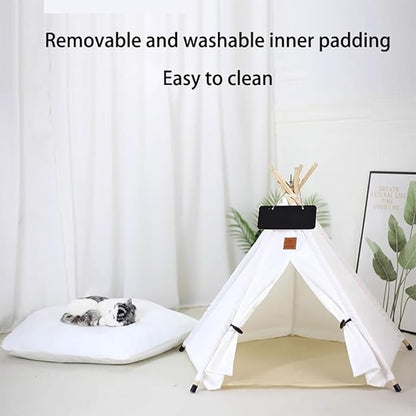 Stylish Pet Teepee Tent with Removable Cushion, Foldable Cat & Dog Tent House with Solid Wood Frame for Indoor Use (Multiple Patterns & Sizes)(H,S)