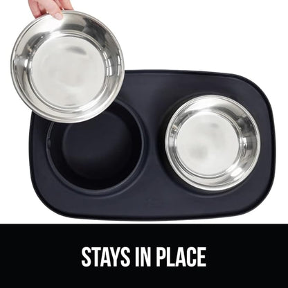 GORILLA GRIP Feeding Mat Bowl Set, 4 Cup 100% Waterproof BPA Free Silicone Base, 304 Stainless Steel Cat and Dog Bowls for Food and Water, Slip Resistant, High Edge, US Designed, Patent Pending, Black