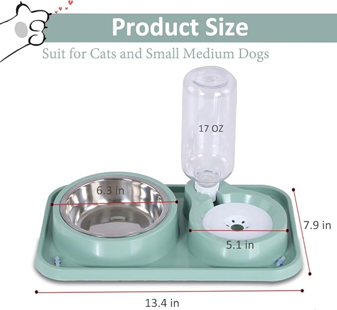 Dog Bowls, Non-Slip Puppy Cat Food and Water Bowl Set with Water Dispenser and Stainless Steel Bowl Detachable Gravity Pet Feeder and Waterer Set for Cats Dogs Puppy Rabbit (Pink, 500ML)