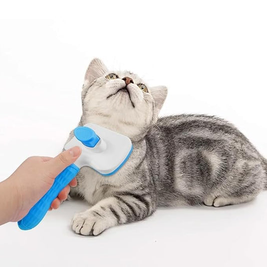 Pet hair grooming square brush with Massage Particles, Self Cleaning Dematting Comb Dogs and Cats, Easy to Use, Ergonomic Handle Design (Blue)