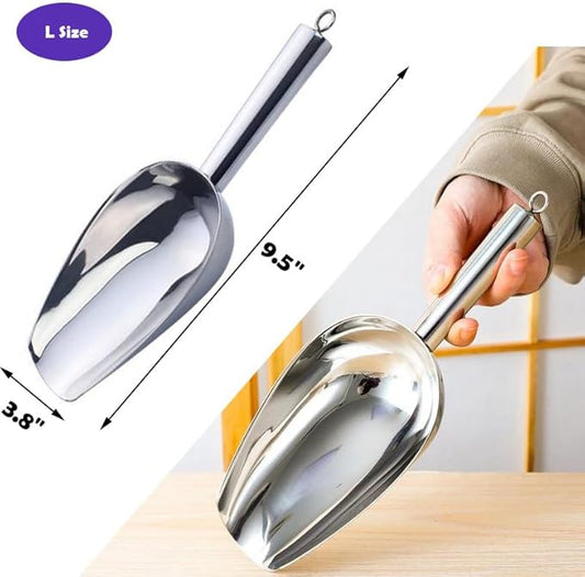Set of 3 Ice Scoop, Plastic Kitchen Ice Scoop for Canisters or Ice Maker, Food Scoops for Canisters, Freezer, Flour, Dry Foods, Coffee Beans, Pop Corn, Pet Dog Cat Food (Stainless Steel-L)