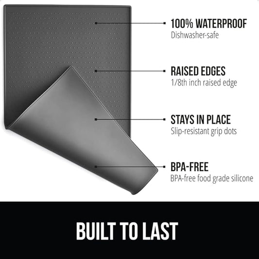 GORILLA GRIP 100% Waterproof Raised Edge BPA Free Silicone Pet Feeding Mat, Dog Cat Food Mats Contain Spills Protects Floors, Placemats for Cats and Dogs Water Bowl Pets Accessories 18.5x11.5 Charcoal