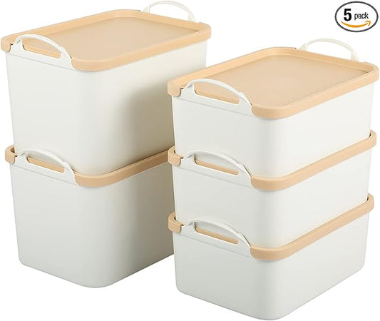 ANMINY 5PCS Plastic Storage Bins Containers with Lids, Large Storage Organization Bins Boxes, Lidded Plastic Storage Baskets for Closet Shelves Desktop, Wheat Lids, 2M + 3S