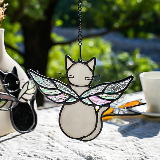Gray Cats Gifts for Cats Lovers Suncatcher for Window,Angel Cat Memorial Gifts Stained Glass Window Hangings,Cat Loss Memorial Gifst for Women