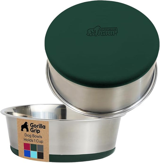GORILLA GRIP Dog Bowls, Heavy Duty 304 Stainless Steel, Holds 1 Cup Each (8 fl oz) Food and Water Bowl for Feeding Dogs and Cats, Dishwasher Safe, Rust Resistant, BPA Free Rubber Base Set of 2 Green