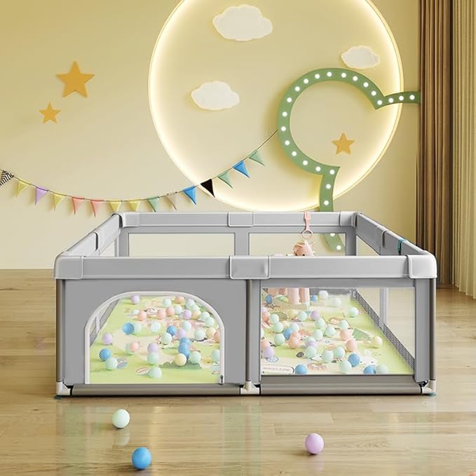 Large Baby Playpen,59" x 71" Baby Playard for Babies and Toddlers, babyFence Play Pens for Indoor & Outdoor, Sturdy Safety Play Yard with Soft Breathable Mesh, Anti-Fall (Grey)