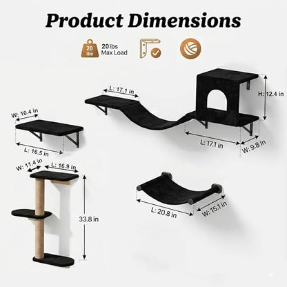 Wall Mounted Cat Furniture Set of 4 – 4 in 1 Cat Wall Shelves with Hammock, Bridge, Climbing Tree & Perch – Shelves for Large Cats, Holds Up to 30 lbs, Indoor Playground