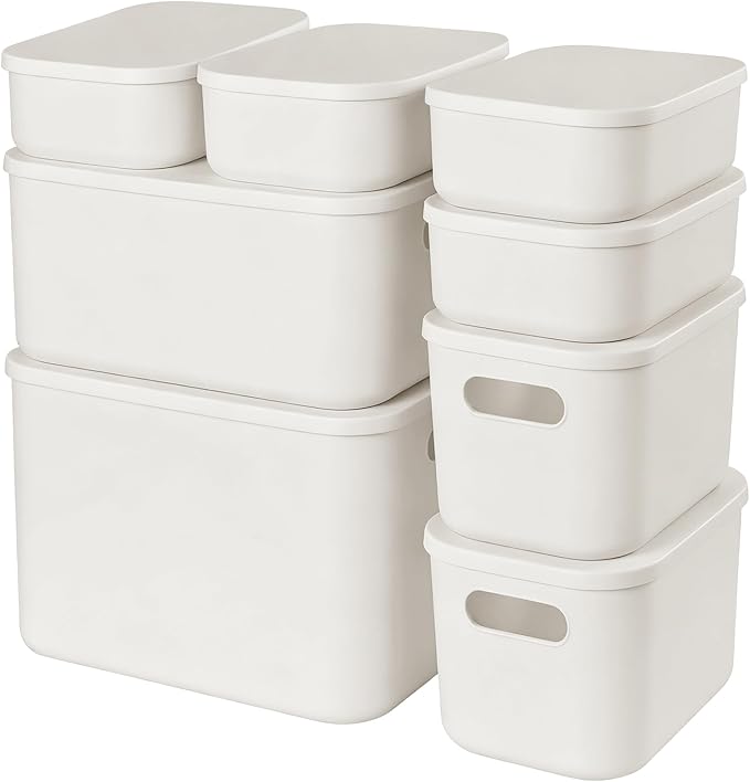 ANMINY 8PCS Plastic Storage Bins Containers with Lids, Large Storage Organization Bins Boxes, Lidded Plastic Storage Baskets for Closet Shelves Desktop, White Lids, 1XL + 1L + 2M + 4S