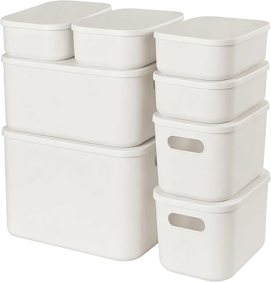ANMINY 8PCS Plastic Storage Bins Containers with Lids, Large Storage Organization Bins Boxes, Lidded Plastic Storage Baskets for Closet Shelves Desktop, White Lids, 1XL + 1L + 2M + 4S