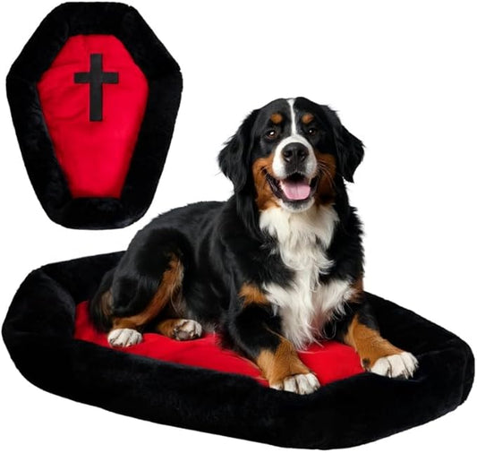 Cat Beds for Indoor Cats, Gothic Cat Beds Fits up to 40 lbs, Washble Coffin Dog Bed, Fluffy Pet Bed, Halloween House 32 * 22.4 Inch, Red & Black Large
