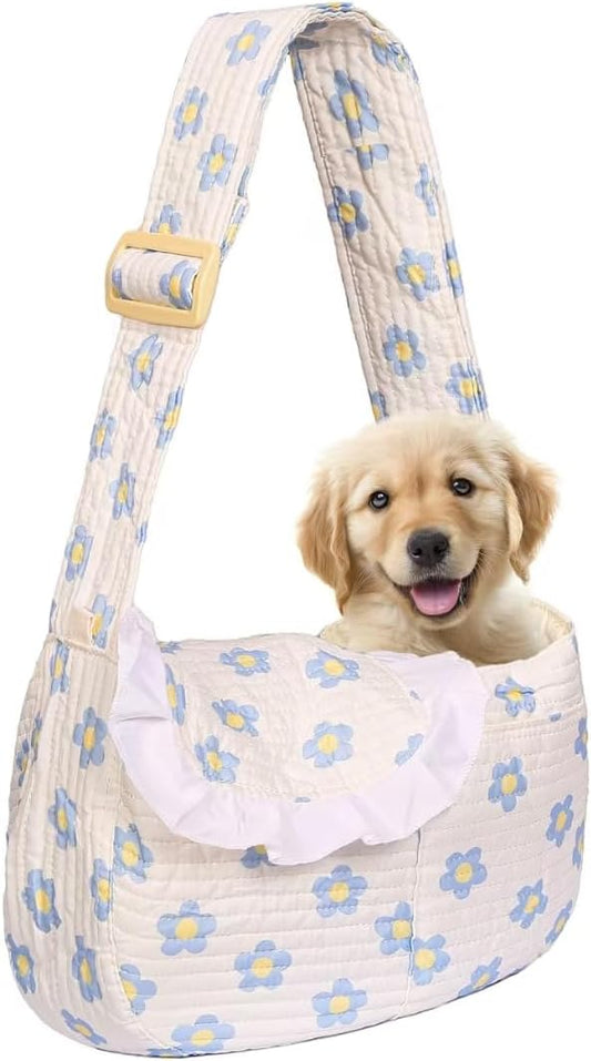 Floral Print Pet Carrier Bag for Small Dogs and Cats, Carry 5-15 Lbs Pet Purse, Hands-Free Design Pet Bags(Blue Floral, Small)