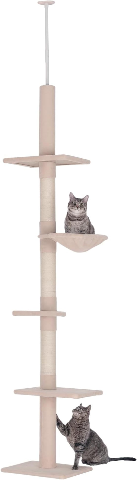 PawHut 102" Adjustable Height Floor to Ceiling Cat Tree, 5 Level Cat Tower with Scratching Posts, Hammock, Beige