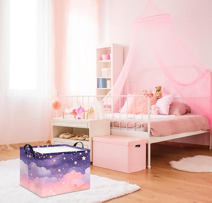 CLOCOR Rectangular Storage Basket,Collapsible Cute Pattern Storage Bin,Waterproof Books Box with Handles,Gift Basket(Pink Sky)