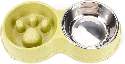 Tineer Double Pet Dog Slow Feeder Bowl,Stainless Steel Anti-Choke Puppy Food and Water Feeder for Dog Cats (Green)