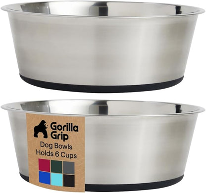 GORILLA GRIP Dog Bowls, Heavy Duty 304 Stainless Steel, Holds 6 Cups Each (48 fl oz) Food and Water Bowl for Feeding Dogs and Cats, Dishwasher Safe, Rust Resistant, BPA Free Rubber Base Set of 2 Black