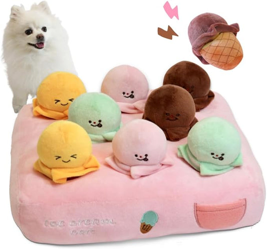 Enrichment Dog Puzzle Toy, Snuffle Mat for Puppies, Pink Dog Toys for Small Dogs, Interactive Small Dog Toys, Ice Cream Cart Plush Dog Toy