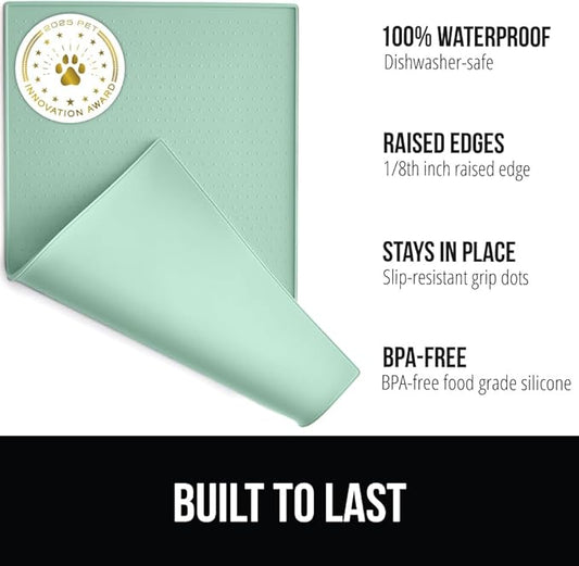GORILLA GRIP 100% Waterproof Raised Edge BPA Free Silicone Pet Feeding Mat, Dog Cat Food Mats Contain Spills Protects Floors, Placemats for Cats and Dogs Water Bowl, Pets Accessories 16x10, Mint