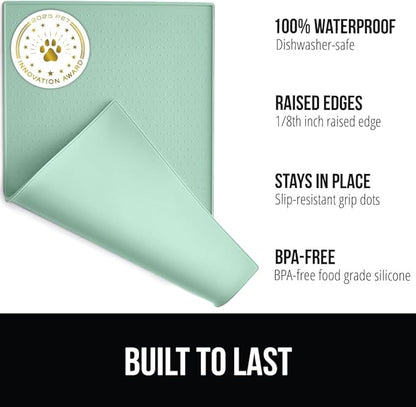 GORILLA GRIP 100% Waterproof Raised Edge BPA Free Silicone Pet Feeding Mat, Dog Cat Food Mats Contain Spills Protects Floors, Placemats for Cats and Dogs Water Bowl, Pets Accessories 32x24 Mint