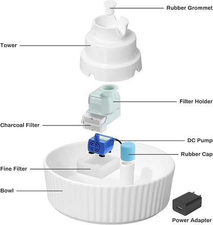 2.1L Ceramic Cat Water Fountain-for Cats and Dogs, 360 Ceramic Pet Fountain-70 Oz Large Water Capacity - Whisper-Quiet Water Flow-Great for Shy or Timid Pets - Fresh, Filtered Water（White）