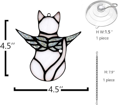 BOXCASA Angel Cat Memorial Gifts for Women,Stained Glass Window Hanging Decorations,Angel Wings White Cat Suncatcher Decor,Pet Memorial Sympathy Gifts Decoration