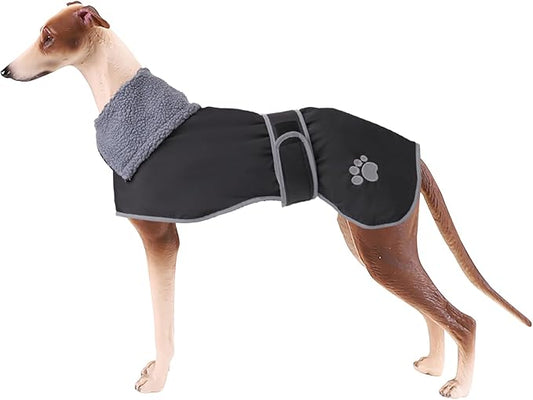 Geyecete Dog Winter Coat Geyecete Greyhound Raincoat Fabric with Lamb Velvet Inside Outdoor Dog Apparel with Adjustable Bands for Medium, Large Dog-Black-L