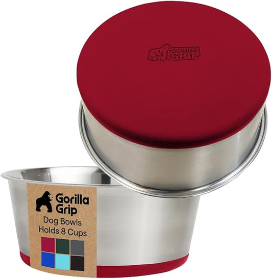GORILLA GRIP Dog Bowls, Heavy Duty 304 Stainless Steel, Holds 8 Cups Each (64 fl oz) Food and Water Bowl for Feeding Dogs and Cats, Dishwasher Safe, Rust Resistant, BPA Free Rubber Base Set of 2 Red