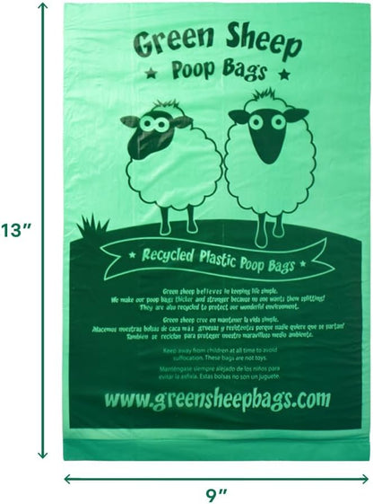 Green Sheep Dog Poop Bags, 65% GRS Certified Recycled PE, Unscented Dog Waste Bags, 270 Count Rolls for Dogs & Cats, Litter Bags for Pet Waste Disposal