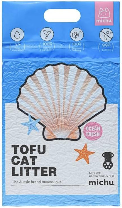 Michu Tofu Cat Litter Natural Clumping Tofu Cat Litter, Fast Clumping and Easily Scoop-able 5.5lb/88oz 5 Scents - Ocean Fresh, 3 Pack