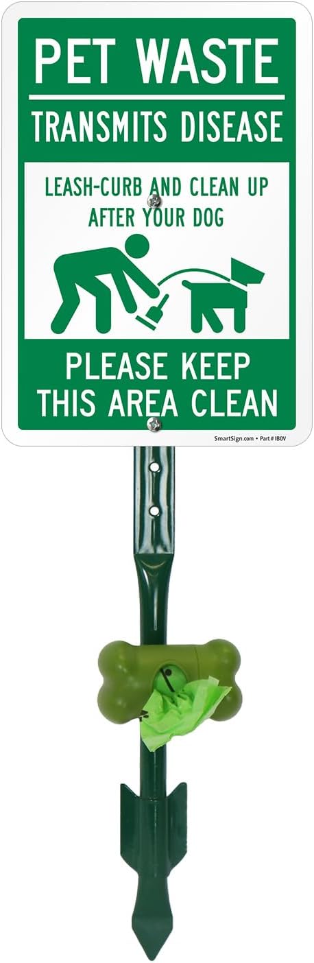 SmartSign Pet Waste Transmits Disease Leash/Curb/Clean Up Yard Sign & Clip-On Dispenser Combo/Kit, 7"x10" Aluminum Sign with 18-inch Steel Stake, Compact Dispenser Preloaded with a 15 Poop Bags Roll