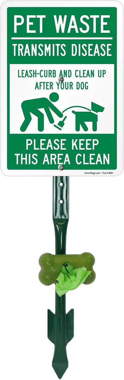 SmartSign Pet Waste Transmits Disease Leash/Curb/Clean Up Yard Sign & Clip-On Dispenser Combo/Kit, 7"x10" Aluminum Sign with 18-inch Steel Stake, Compact Dispenser Preloaded with a 15 Poop Bags Roll