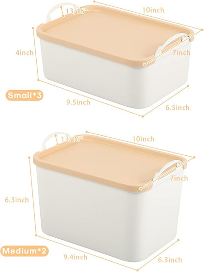 ANMINY 5PCS Plastic Storage Bins Containers with Lids, Large Storage Organization Bins Boxes, Lidded Plastic Storage Baskets for Closet Shelves Desktop, Wheat Lids, 2M + 3S