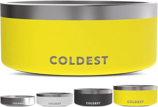 Coldest Dog Bowl - Anti Rust Metal, Non Slip, 3 Layers Insulated Stainless Steel Dog Bowls - Spill Proof & Heavy Duty - Water Bowl for Dogs, Cats & Pets, Dish Washer Safe (100 oz, Solar Yellow)