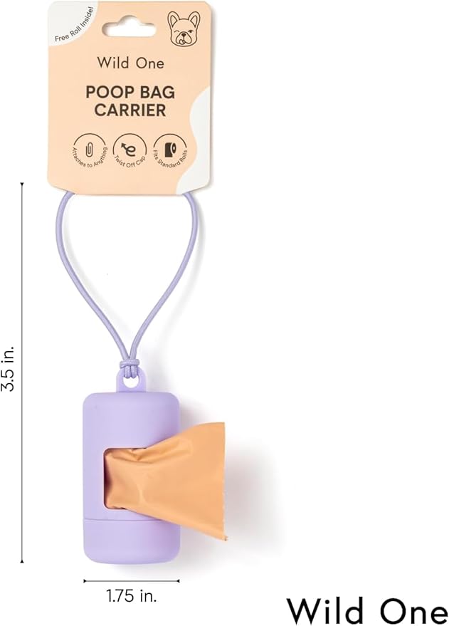 Wild One Dog Poop Bag Holder and Dispenser with Leash Attachment, Leak Proof, Easy Twist Top for Refills, Includes 1 Box Of Bags, Orchid