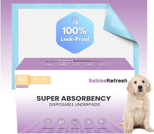 60 Count Super Absorbency Large 28" X 34" Disposable Underpads, Leakproof Quick Drying for Multi-use for Babies, Puppy Pads and Adults, Chucks, Disposable Diaper Changing Pad for Baby, Blue