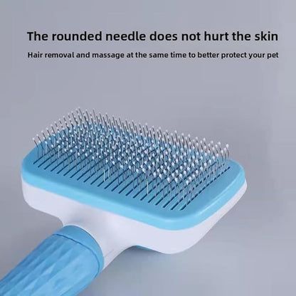 Pet hair grooming square brush with Massage Particles, Self Cleaning Dematting Comb Dogs and Cats, Easy to Use, Ergonomic Handle Design (Blue)