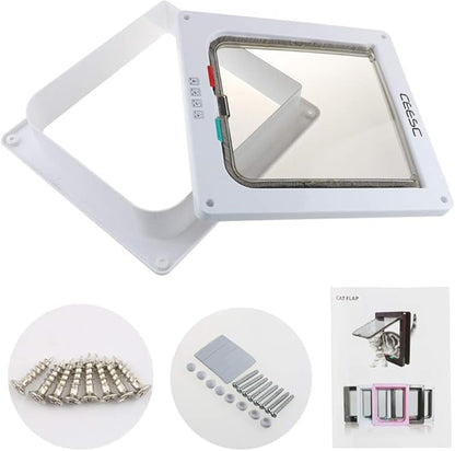 CEESC Cat Flap Door Magnetic Pet Door with 4 Way Lock for Cats, Kitties and Kittens, 3 Sizes and 2 Colors Options (M- Inner Size: 6.18"(W) x 6.30"(H), White)