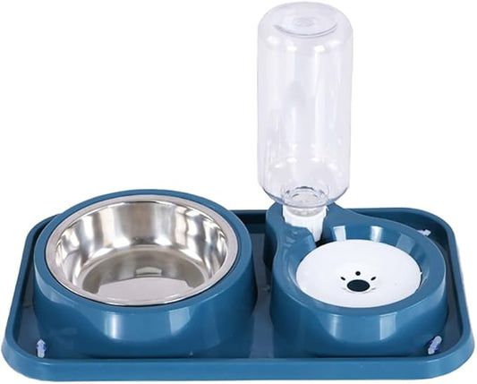 Dog Bowls, Non-Slip Puppy Cat Food and Water Bowl Set with Water Dispenser and Stainless Steel Bowl Detachable Gravity Pet Feeder and Waterer Set for Dogs (Blue, 1000ML)