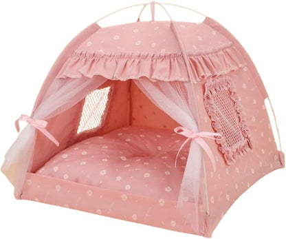 Selena Cat Bed Tents Dog House Indoor Outdoor Lace Mesh Breathable Windows Door Curtains Removable Portable Nest Teepe House (Medium,Pink(Ruffled Teim))