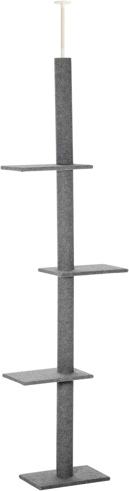PawHut Floor-to-Ceiling Cat Tree Cat Climbing Tower with Sisal-Covered Scratching Posts Natural Cat Tree Activity Center for Kittens Cat Tower Furniture, Grey