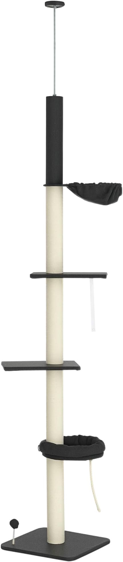 PawHut Floor to Ceiling Cat Tree, 5-Tier Cat Climbing Tower, 95''-106'' Height Adjustable with Carpeted Platforms, Cozy Bed, Hammock, Scratching Post & Toy Ball for Indoor Cats, Dark Gray and Cream