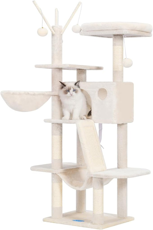 Hey-brother Cat Tree, 53 inch Cat Tower for Indoor Cats, Cat House with Padded Platform Bed, Toy Balls, Large Cozy Condo, Hammocks and Sisal Scratching Posts, Beige MPJ019-SM