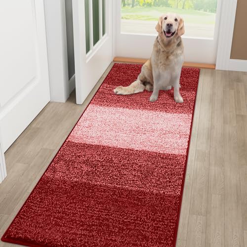 Smiry Dog Door Mat for Muddy Paws, Absorbs Moisture and Dirt, Low-Profile Entryway Mat with Non-Slip Backing, Entry Indoor Outdoor Doormat for Inside Floor (48x30 Inches, Burgundy, Striped)