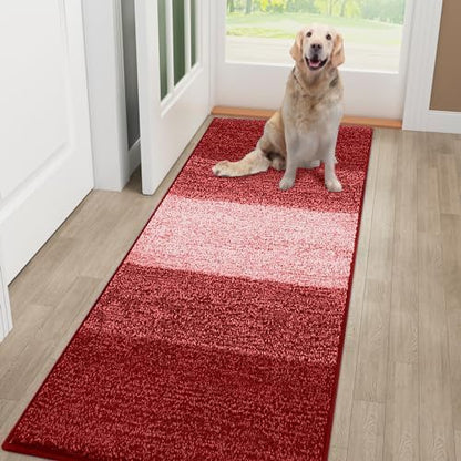 Smiry Dog Door Mat for Muddy Paws, Absorbs Moisture and Dirt, Low-Profile Entryway Mat with Non-Slip Backing, Entry Indoor Outdoor Doormat for Inside Floor (48x32 Inches, Burgundy, Striped)