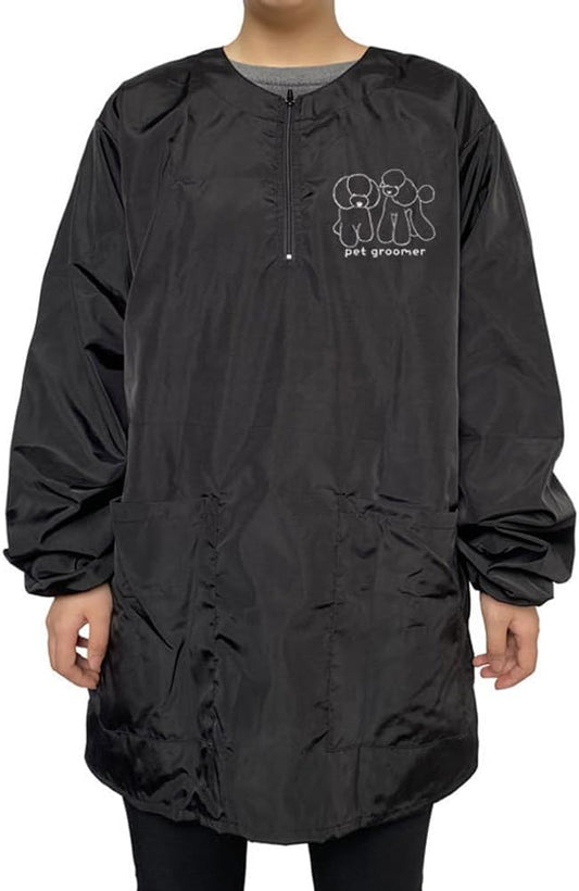 Dog Grooming Smock for Men Women, Anti-Static Smock for Pet Shop Dog Cat Grooming, Long Sleeves, Water Resistant, (Black with Print Poodle L)