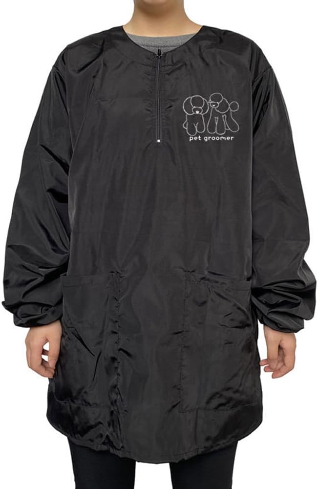 Dog Grooming Smock for Men Women, Anti-Static Smock for Pet Shop Dog Cat Grooming Bathing, Long Sleeves, Water Resistant and Hair Proof, (Black with Print Poodle M)