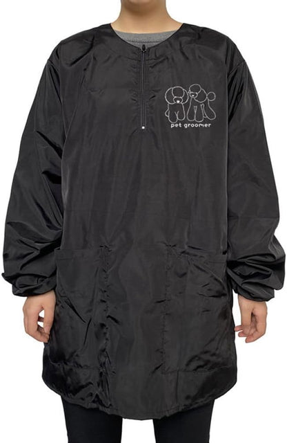 Dog Grooming Smock for Men Women, Anti-Static Smock for Pet Shop Dog Cat Grooming Bathing, Long Sleeves, Water Resistant and Hair Proof, (Black with Print Poodle M)