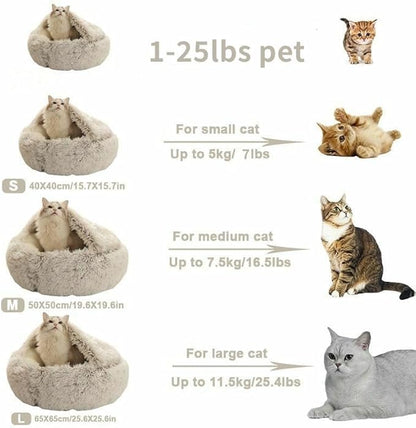 Cat Bed Round Fluffy Hooded Cat Bed Cave, Anti-Anxiety Cave Bed with Hooded Blanket, Cozy Cuddler Luxury Puppy Pet Bed, Anti-Slip Bottom and Machine Washable (Brown, Medium)