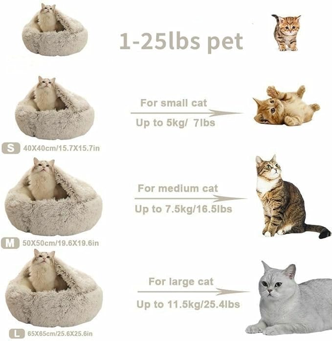 Cat Bed Round Fluffy Hooded Cat Bed Cave, Anti-Anxiety Cave Bed with Hooded Blanket, Cozy Cuddler Luxury Puppy Pet Bed, Anti-Slip Bottom and Machine Washable (Khaki, Large)